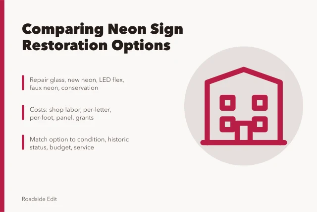 Neon sign restoration options comparison card with five methods and cost models. How to compare neon sign restoration options before you commit