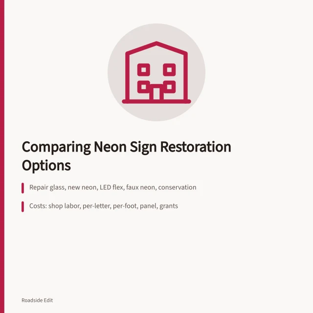 Neon sign restoration options comparison card with five methods and cost models. How to compare neon sign restoration options before you commit