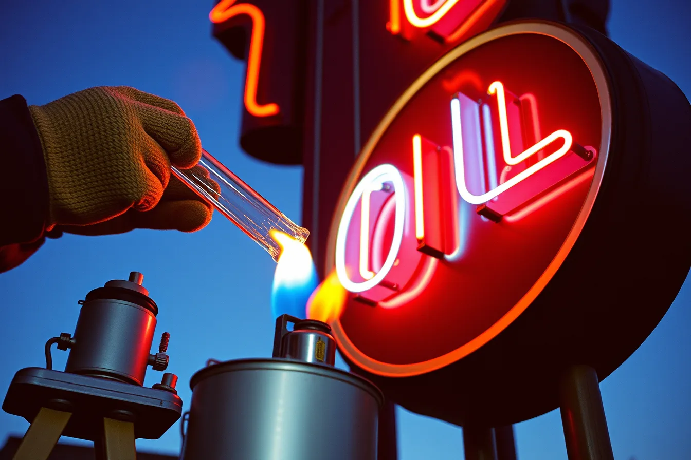 Hands bending new neon glass tubing beside a vintage projecting sign at dusk. Neon sign restoration options compared: how owners choose the right path