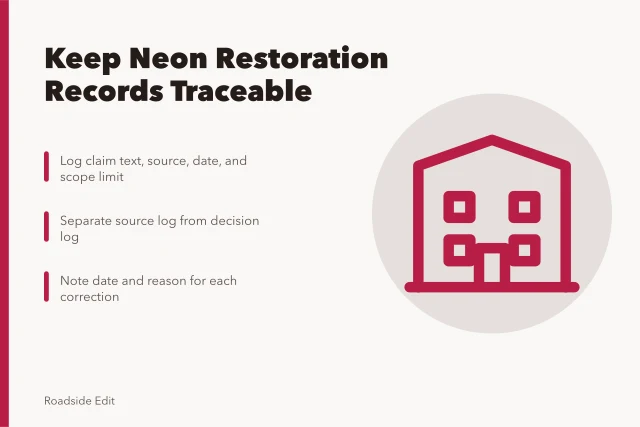 Neon sign restoration records with source and decision logs. Neon sign restoration options: how owners should keep comparison records