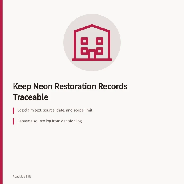 Neon sign restoration records with source and decision logs. Neon sign restoration options: how owners should keep comparison records