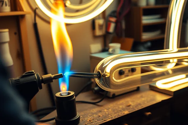 Neon sign glass tube being bent and restored with a torch flame. Neon sign restoration options comparison: warning signs to check before you choose