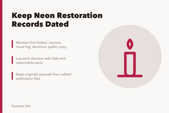 Neon restoration recordkeeping guide with five dated documentation folders. How neon sign restoration owners should keep planning records