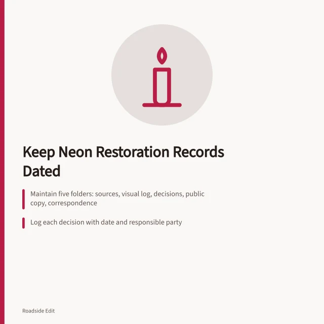 Neon restoration recordkeeping guide with five dated documentation folders. How neon sign restoration owners should keep planning records