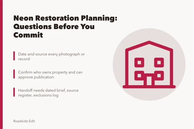 Neon restoration planning checklist with evidence, authority, and handoff questions. Neon sign restoration planning questions to ask before you commit