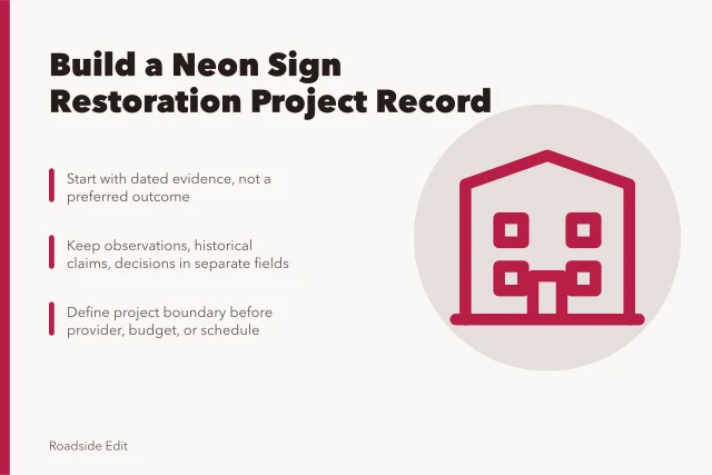 Neon sign restoration planning record with evidence, roles, and boundaries. Neon sign restoration planning: build a project record before you set a scope
