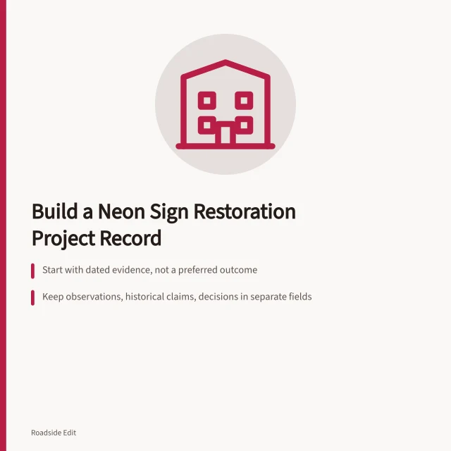 Neon sign restoration planning record with evidence, roles, and boundaries. Neon sign restoration planning: build a project record before you set a scope