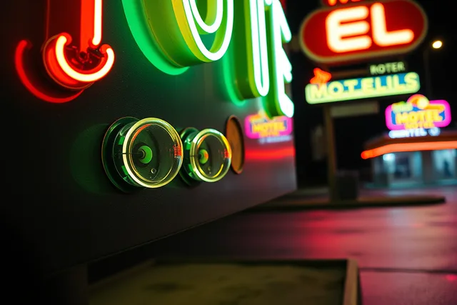Glowing neon tubes and transformer on a vintage roadside motel sign at night. Neon sign restoration questions owners should ask before publishing