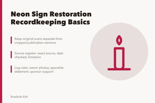 Neon sign restoration records: original files, source register, role notes. Neon sign restoration fundamentals: how owners keep records that last