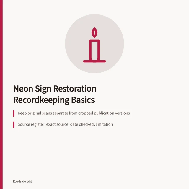 Neon sign restoration records: original files, source register, role notes. Neon sign restoration fundamentals: how owners keep records that last