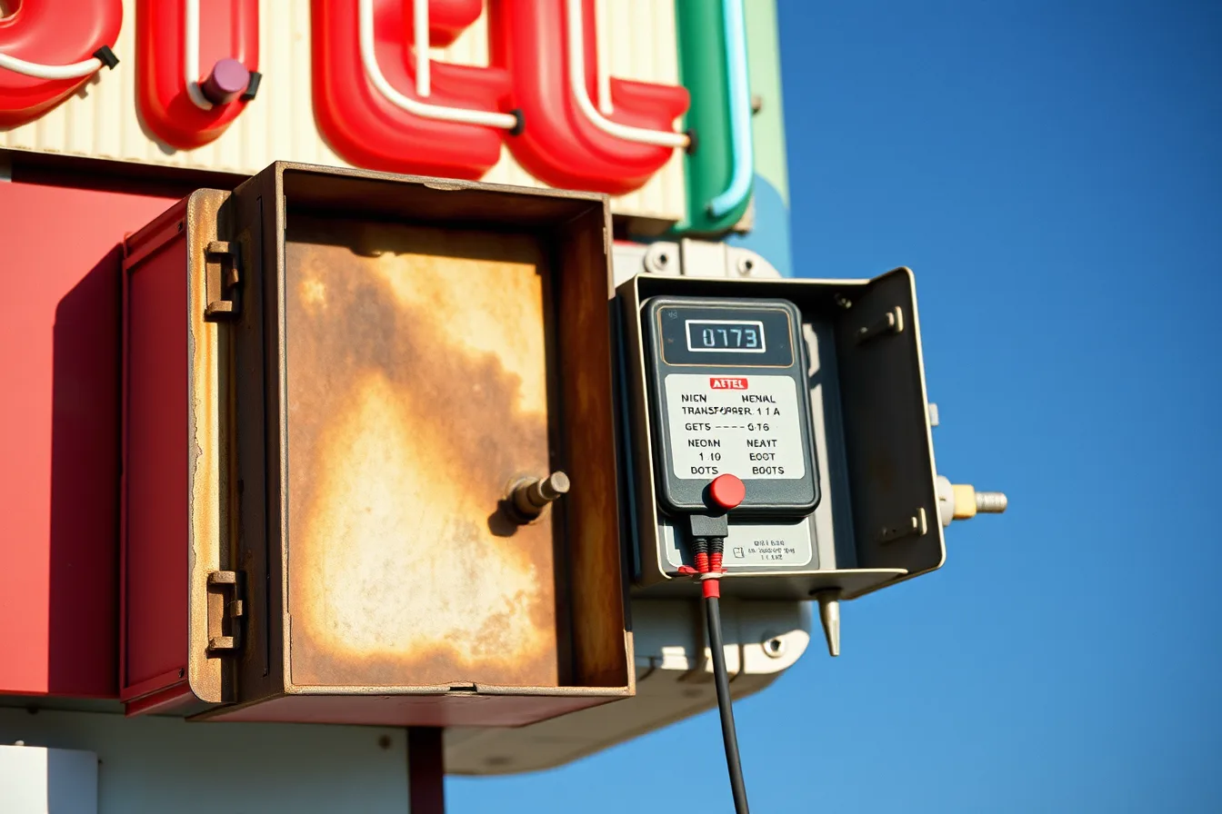 Neon sign transformer tested with a neon tester on a motel sign. How to build a neon sign restoration guide around regional climate and records