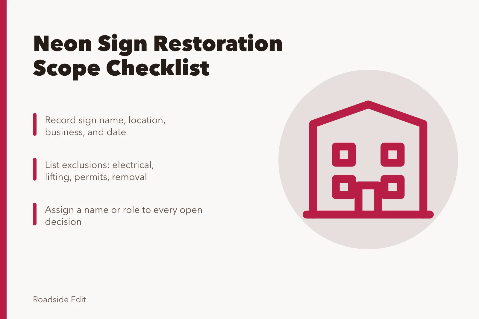 Checklist card for planning neon sign restoration scope and exclusions. How to build a neon sign restoration scope checklist before work starts