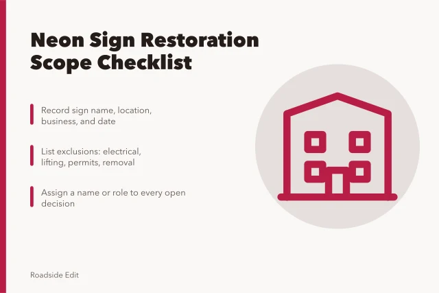 Checklist card for planning neon sign restoration scope and exclusions. How to build a neon sign restoration scope checklist before work starts