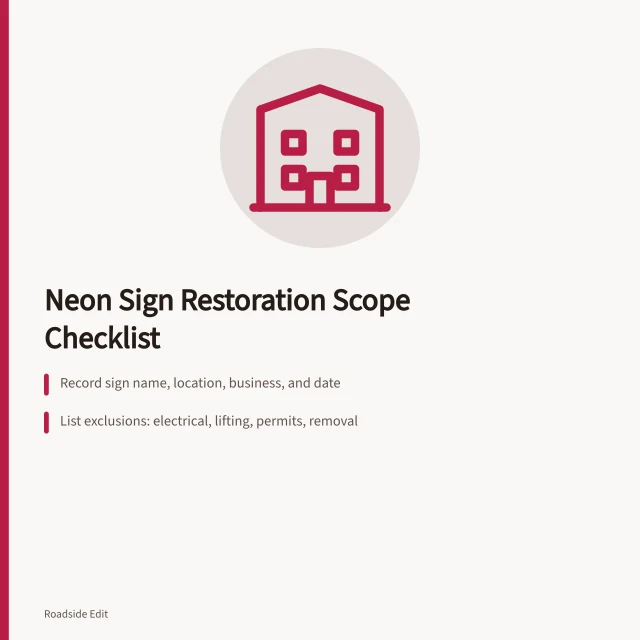 Checklist card for planning neon sign restoration scope and exclusions. How to build a neon sign restoration scope checklist before work starts