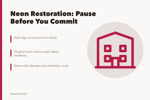 Neon sign restoration caution card with three warning signs to review. Neon sign restoration fundamentals: warning signs to spot before you commit
