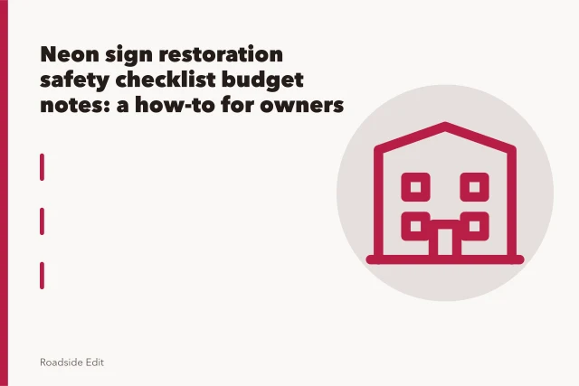 Neon sign transformer and glass tubing in an open roadside sign housing at dusk. Neon sign restoration safety checklist budget notes: a how-to for owners