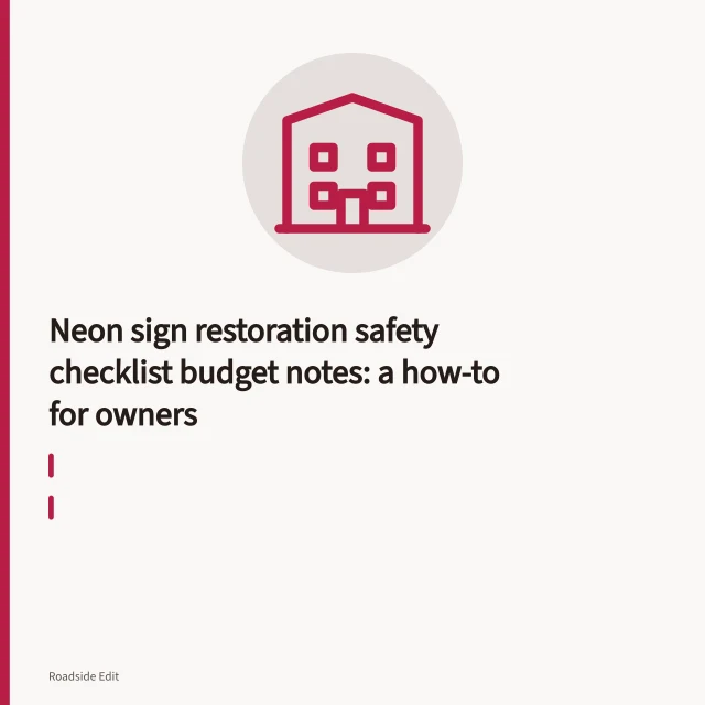 Neon sign transformer and glass tubing in an open roadside sign housing at dusk. Neon sign restoration safety checklist budget notes: a how-to for owners