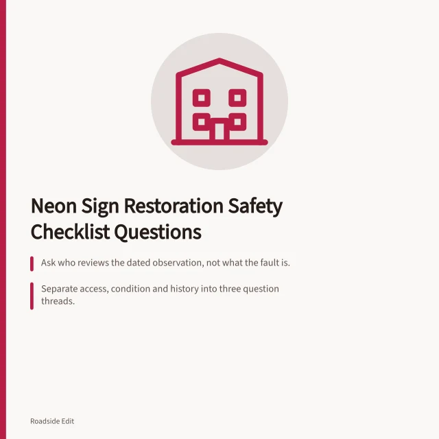 Neon sign restoration safety checklist card with question categories and record-keeping steps. Neon sign restoration safety checklist questions before you publish