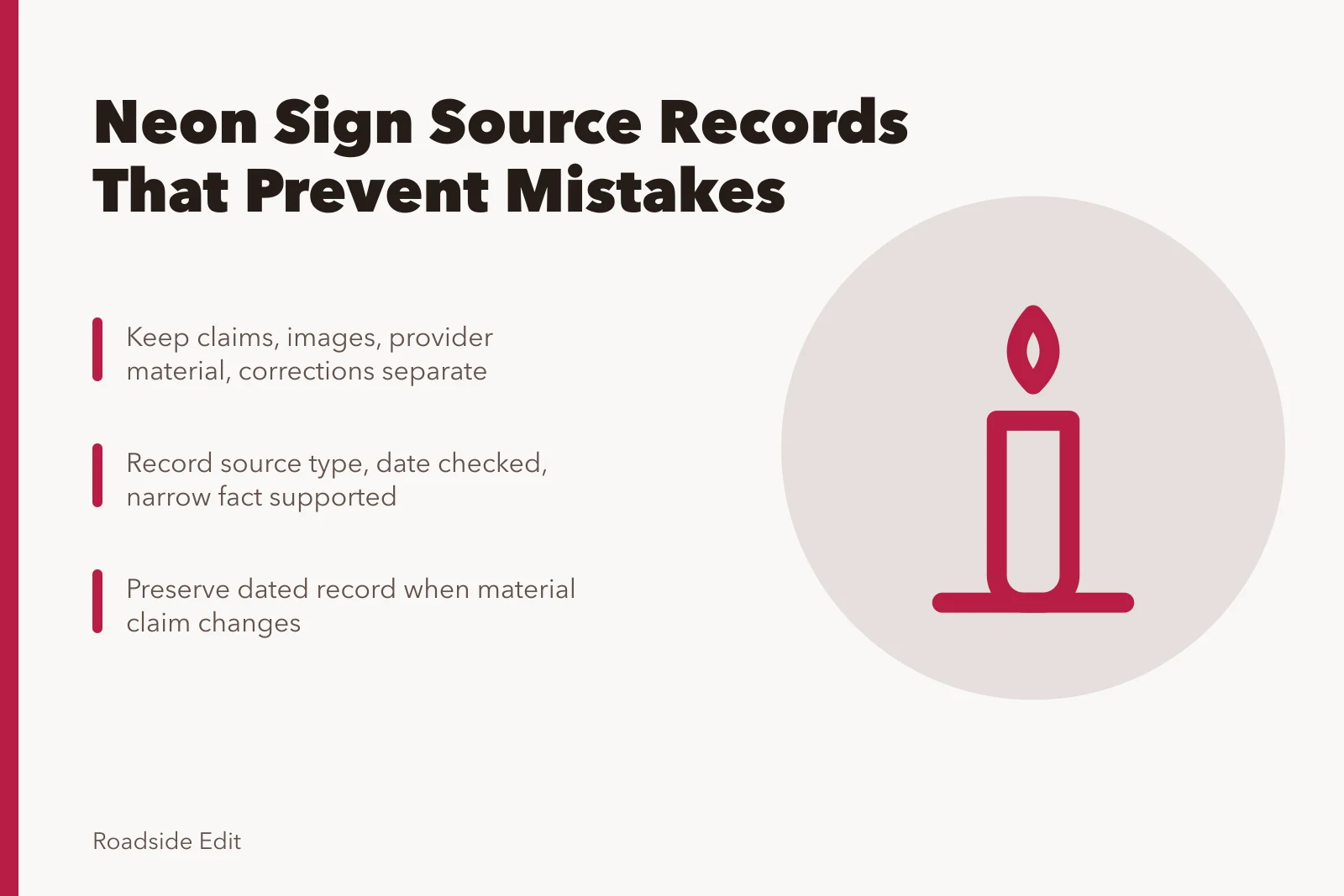 Card on neon sign source records with five-part documentation structure. How neon sign restoration owners can build source records that prevent mistakes