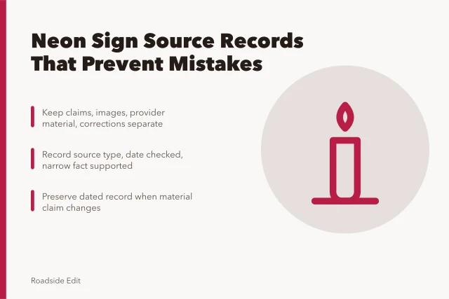Card on neon sign source records with five-part documentation structure. How neon sign restoration owners can build source records that prevent mistakes