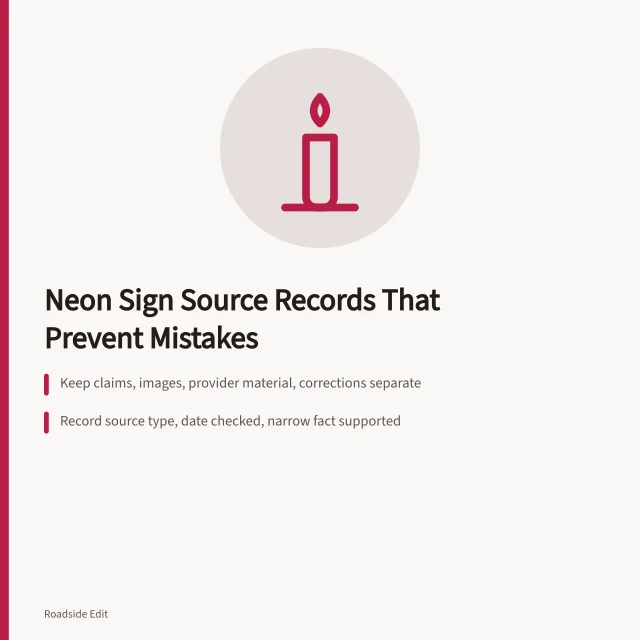 Card on neon sign source records with five-part documentation structure. How neon sign restoration owners can build source records that prevent mistakes