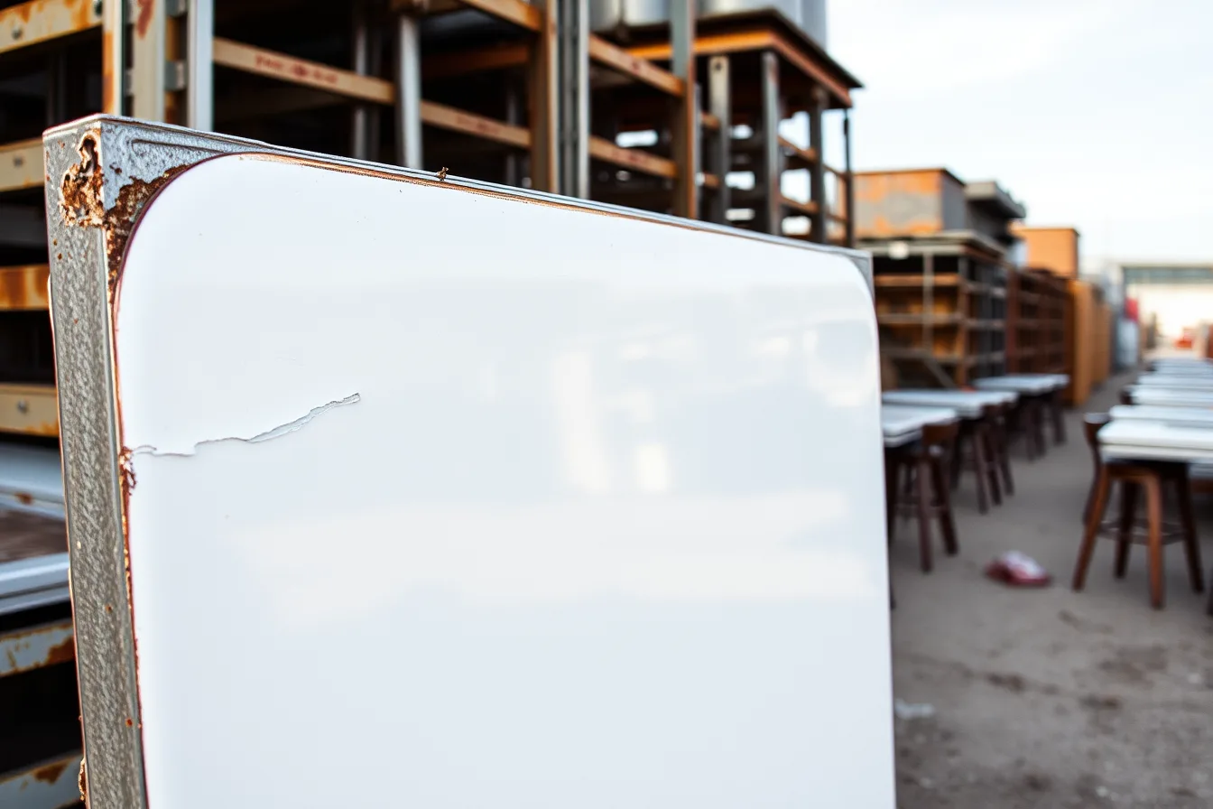 Chipped porcelain enamel diner counter panel in a Pittsburgh salvage yard. Pittsburgh diner and gas station salvage yards, craftspeople and transport