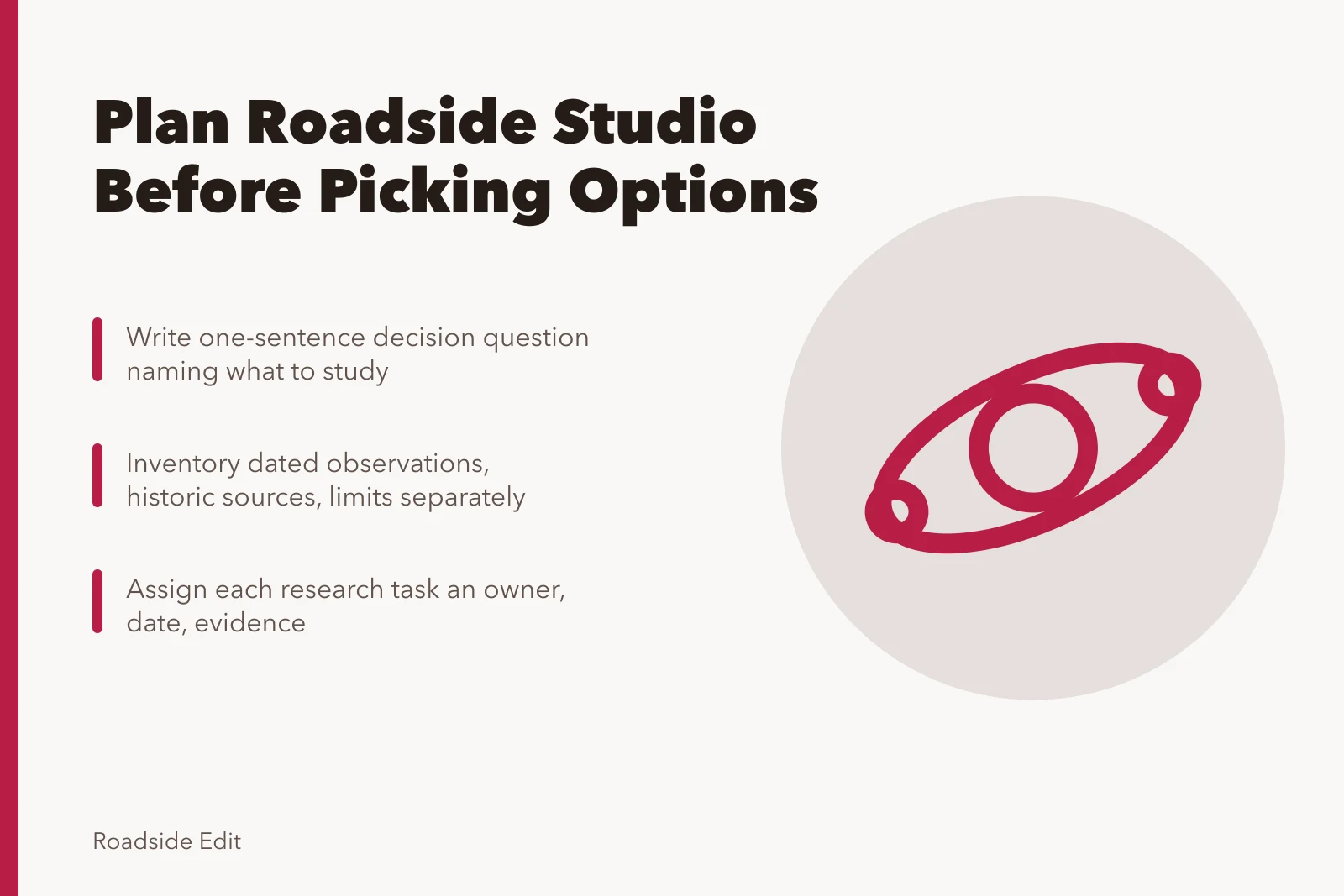 Planning card for roadside design studio workflow with decision boundaries. How to plan a roadside design studio workflow before you pick options