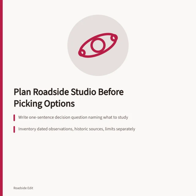 Planning card for roadside design studio workflow with decision boundaries. How to plan a roadside design studio workflow before you pick options