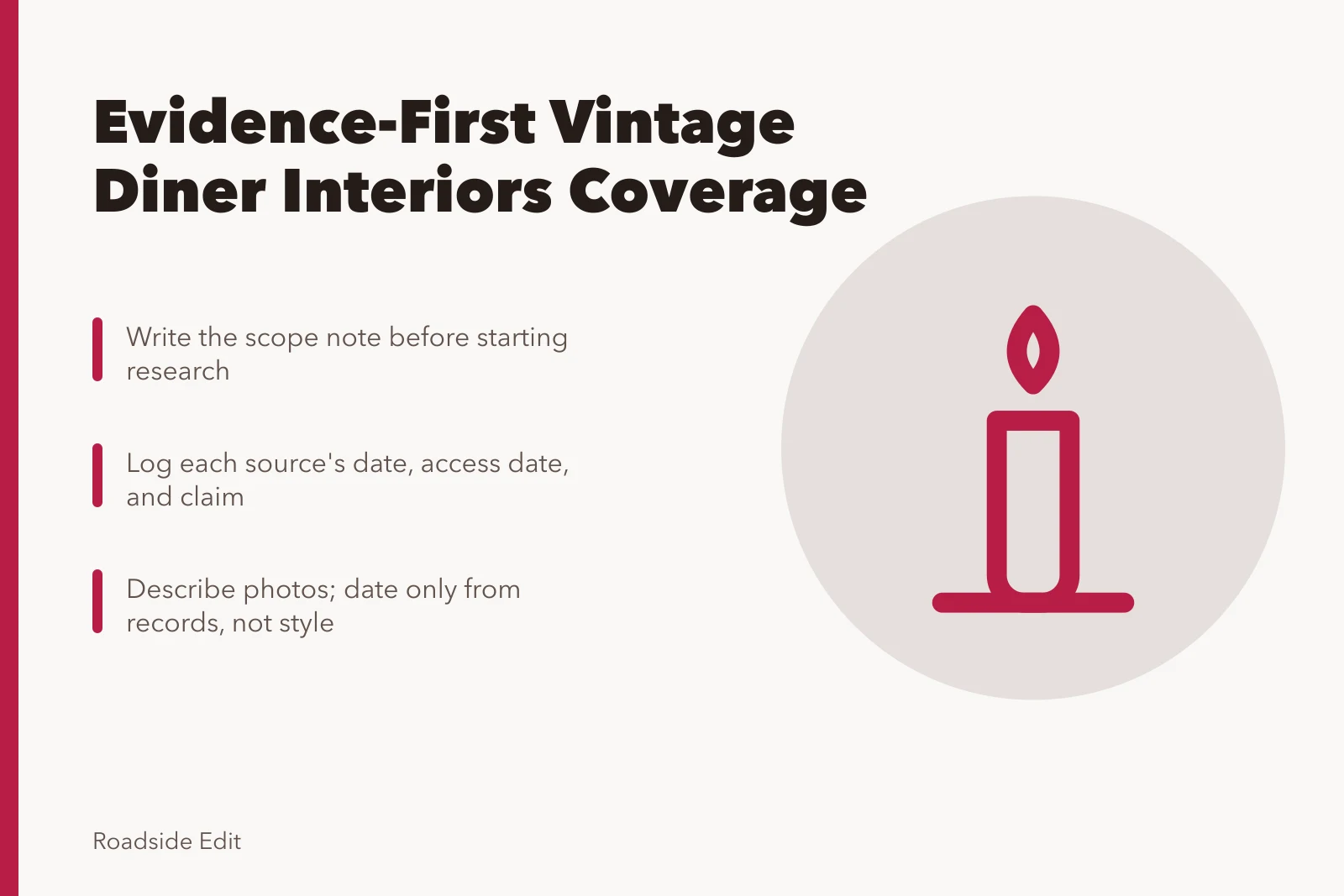 Card outlining an evidence-first workflow for vintage diner interiors coverage. How to plan vintage diner interiors coverage with an evidence-first workflow