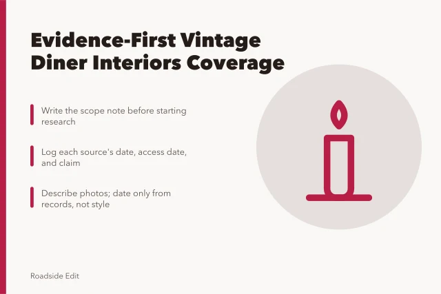 Card outlining an evidence-first workflow for vintage diner interiors coverage. How to plan vintage diner interiors coverage with an evidence-first workflow