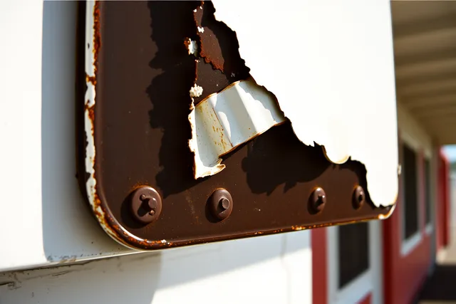 Chipped porcelain enamel gas station panel exposing rusted steel beneath glossy white glass finish. Are Porcelain Enamel Gas Station Panels Repairable?