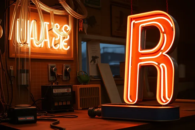 Restored motel neon sign glowing at dusk beside roadside diner and gas station. Neon sign restoration provider comparison questions to ask before you choose