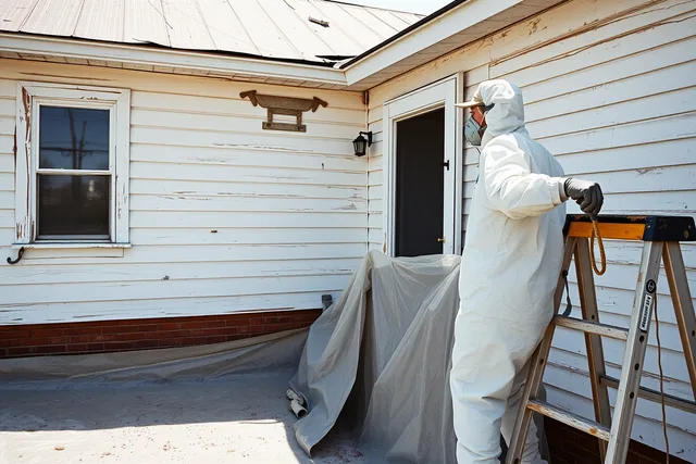 Worker in protective suit scraping lead paint from old roadside building siding. What matters more before a roadside renovation site visit in 2027: paint or dust?