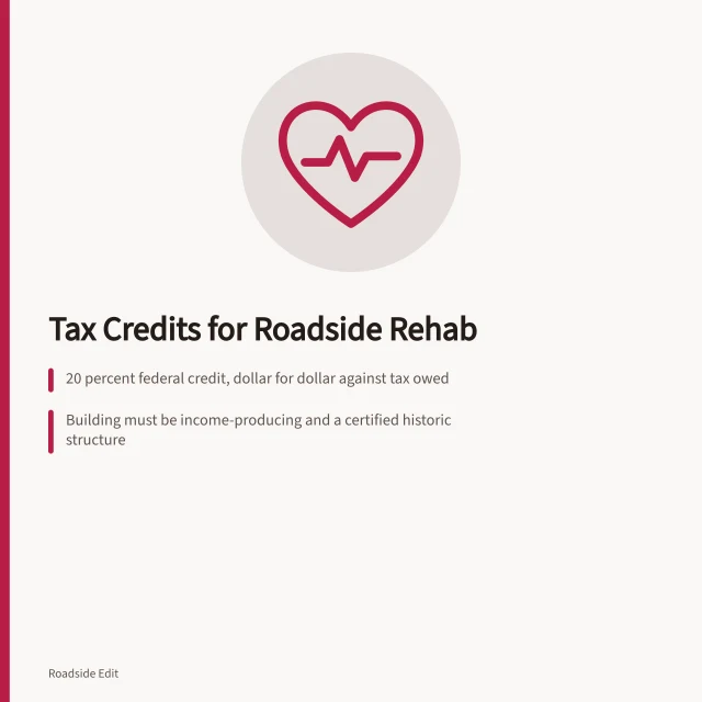 Card explaining federal and state rehabilitation tax credits for roadside buildings. Federal and state tax credits for rehabilitating US roadside architecture