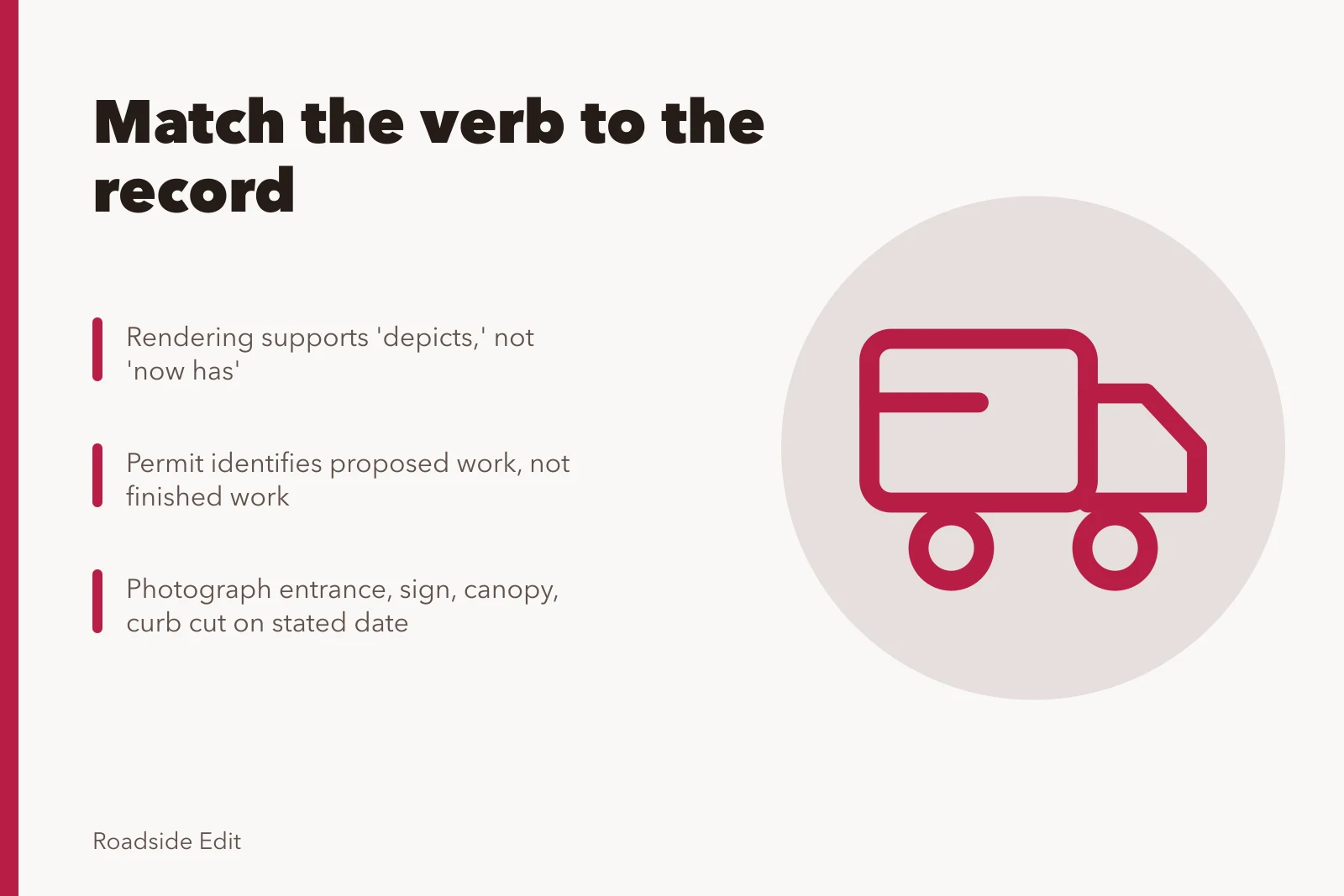 Card on matching verbs to records for roadside change claims. Roadside architecture adaptation questions to ask before you describe a change
