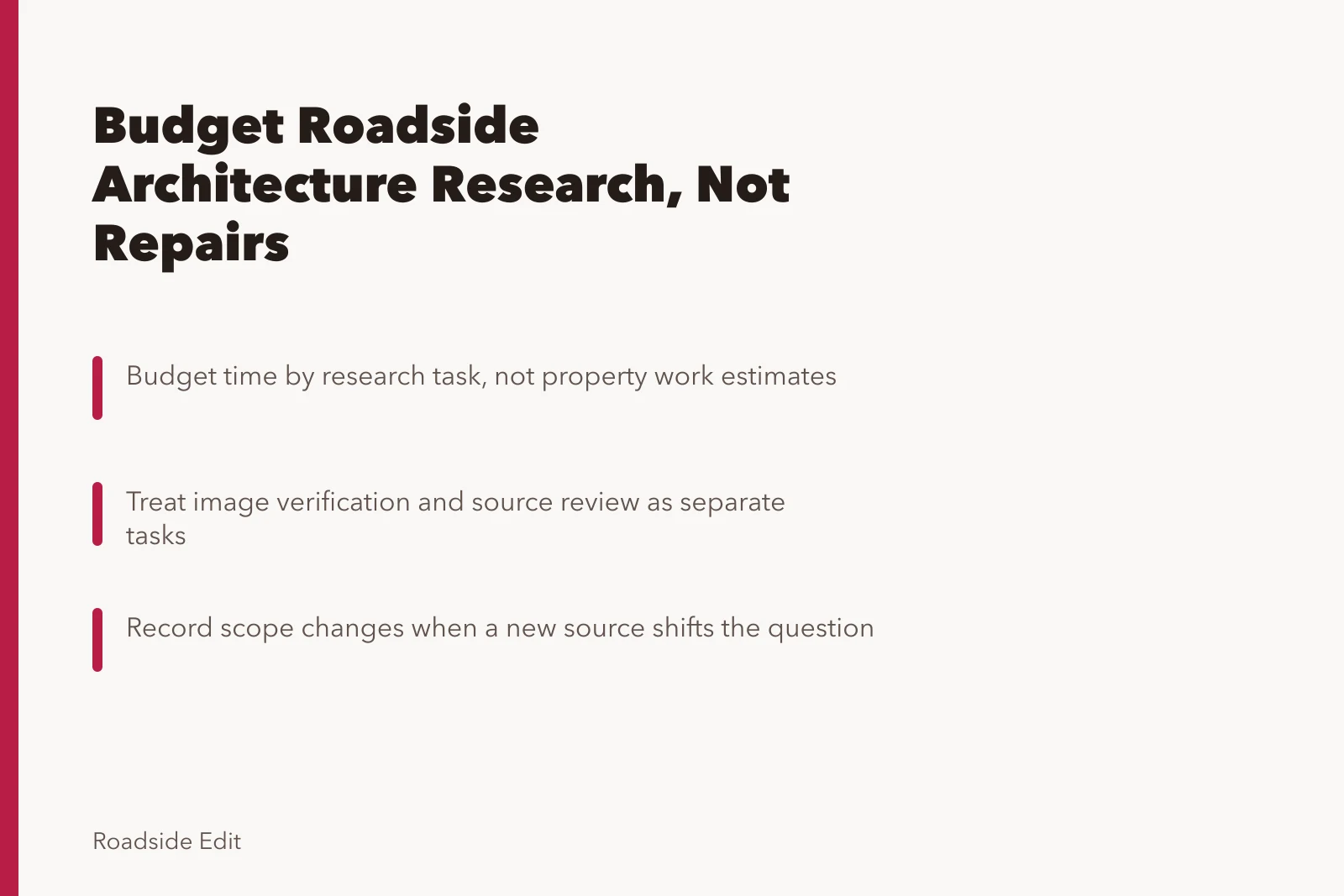 Card outlining research budget steps for roadside architecture case studies. How to write a roadside architecture case study budget note without false cost claims