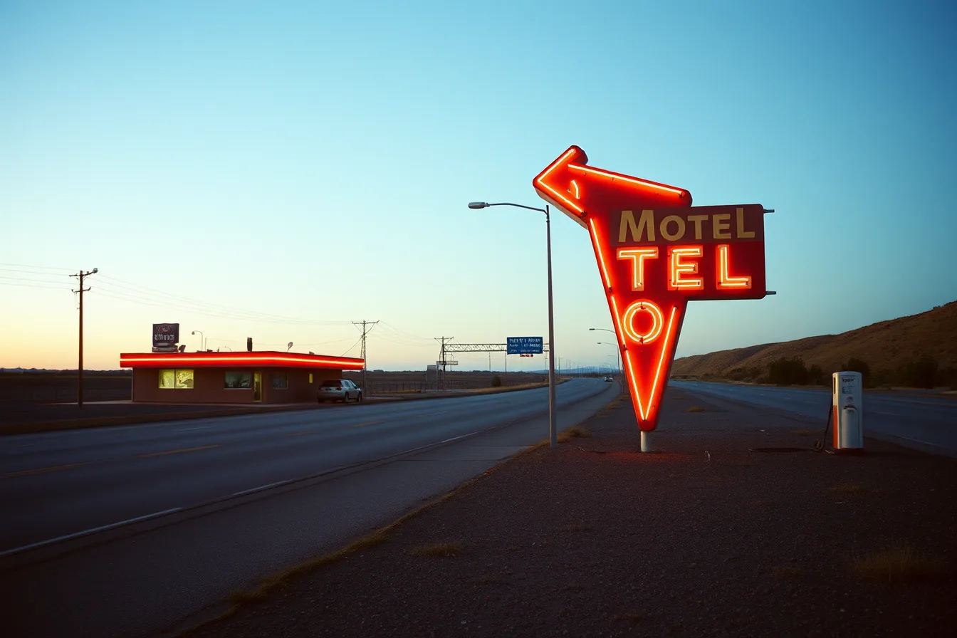 Glowing neon motel sign above roadside diner and gas station at dusk. How to build a roadside architecture case study checklist that editors trust