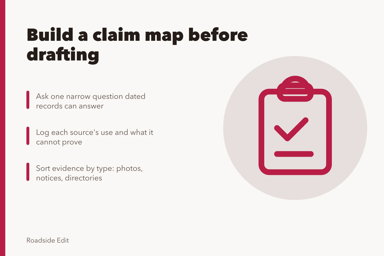 Roadside architecture research design: claim map, evidence folders, source limits. Roadside architecture case study method: how to build a claim map before you draft