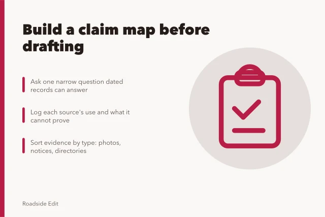 Roadside architecture research design: claim map, evidence folders, source limits. Roadside architecture case study method: how to build a claim map before you draft