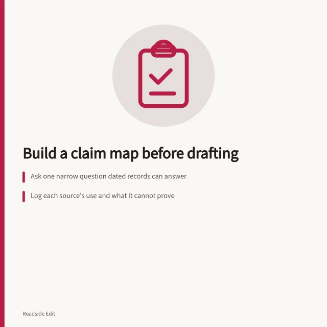 Roadside architecture research design: claim map, evidence folders, source limits. Roadside architecture case study method: how to build a claim map before you draft