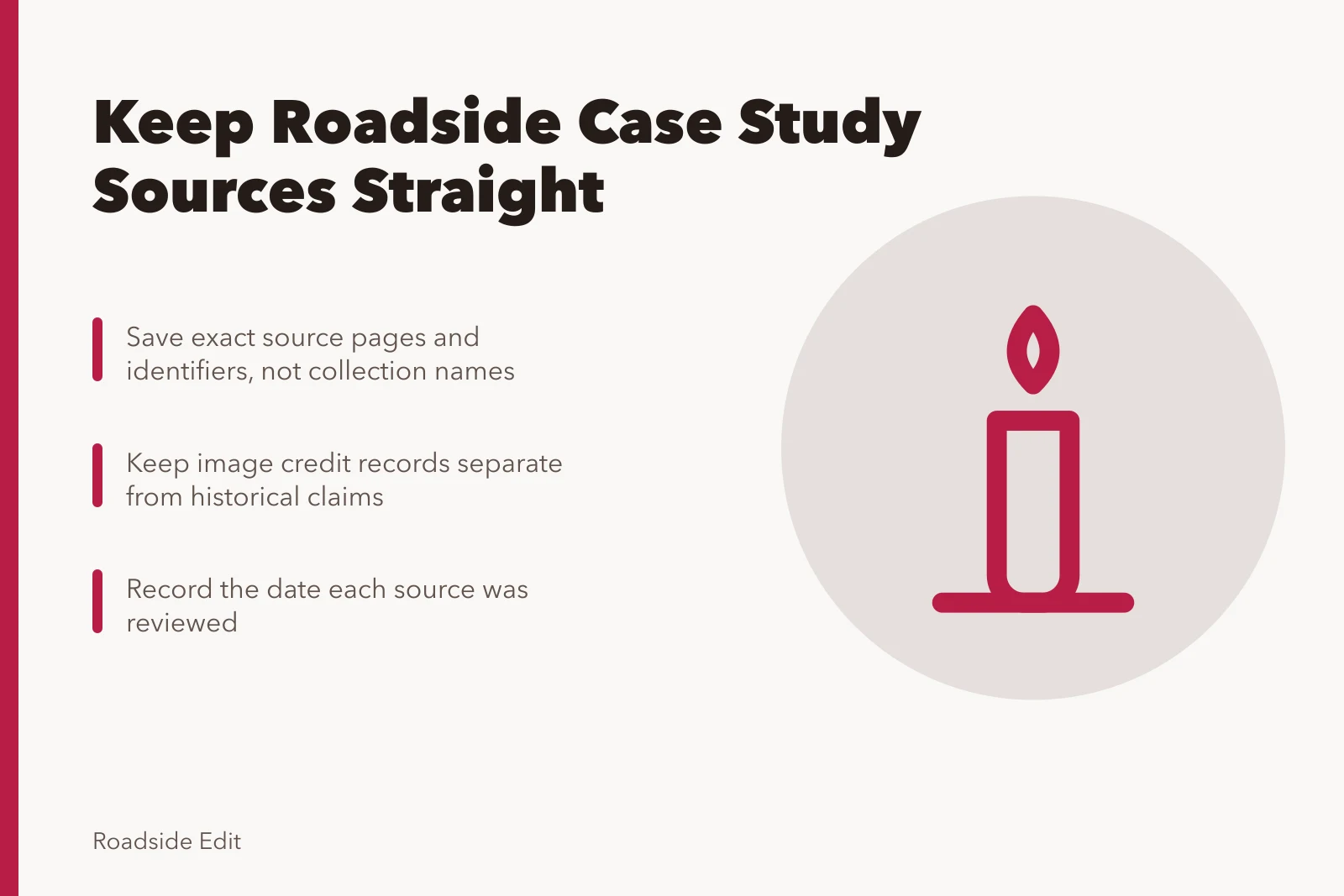 Card about tracking roadside architecture case study sources and credits. How roadside architecture case study records keep sources, credits and corrections straight