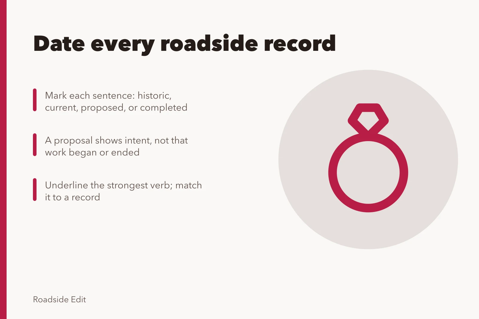 Card on dating roadside architecture records and matching verbs to sources. Roadside architecture case study warning signs: how editors catch mixed time periods