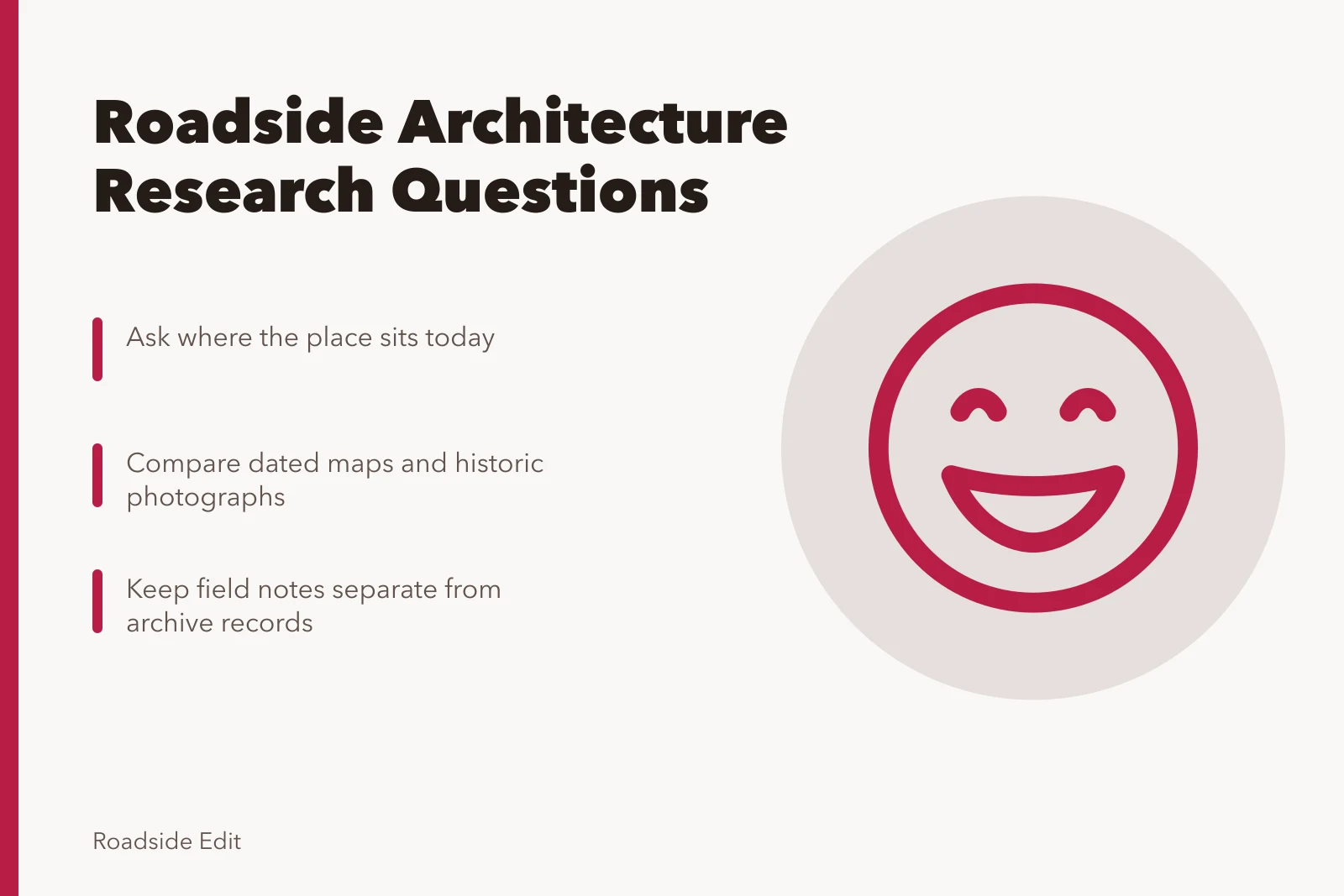Roadside architecture research questions with map and photo evidence. Roadside architecture context questions to ask before you publish