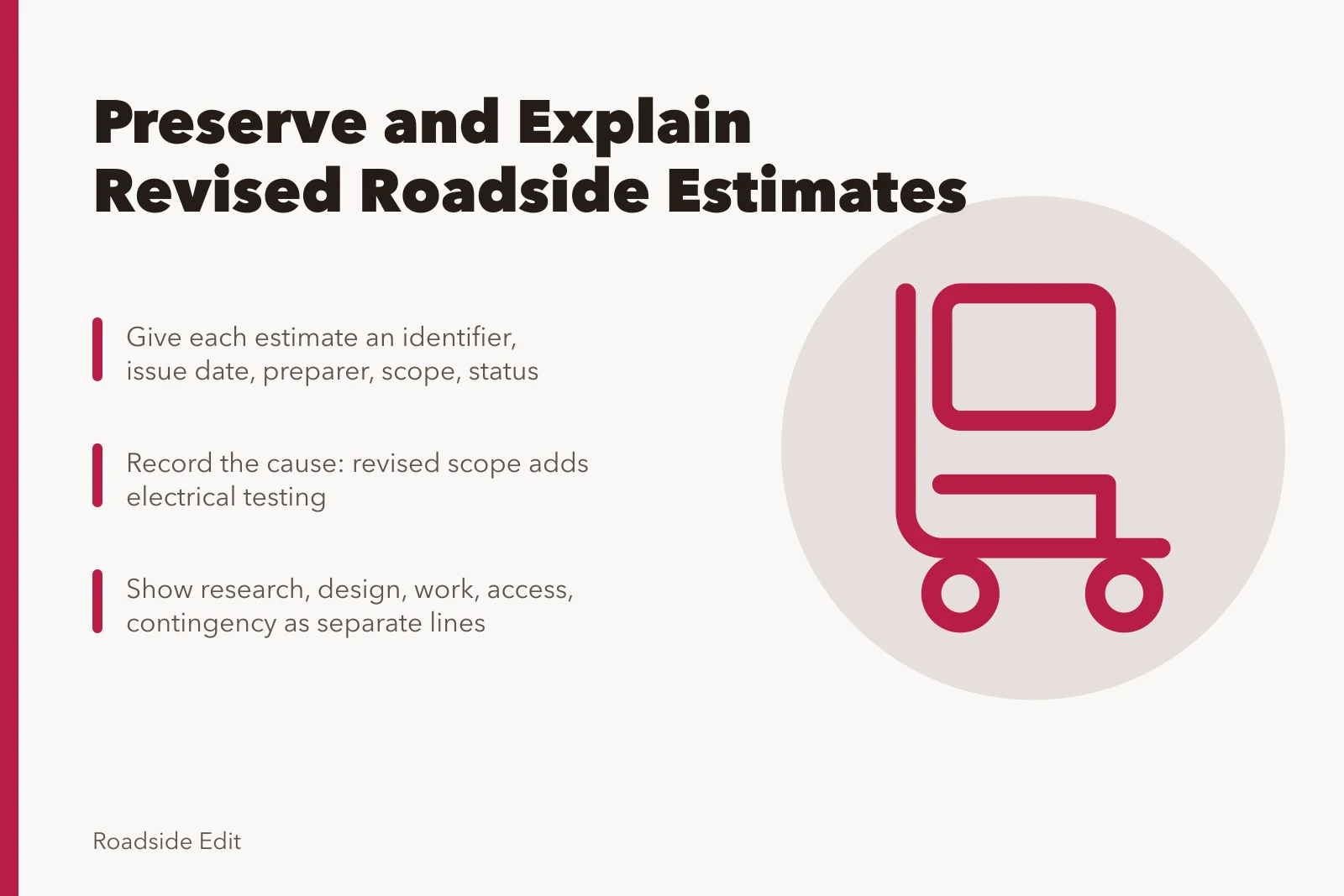 Card on preserving and explaining revised roadside architecture estimates. Roadside architecture estimate updates: how to preserve versions and explain revised figures