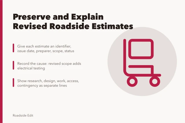 Card on preserving and explaining revised roadside architecture estimates. Roadside architecture estimate updates: how to preserve versions and explain revised figures
