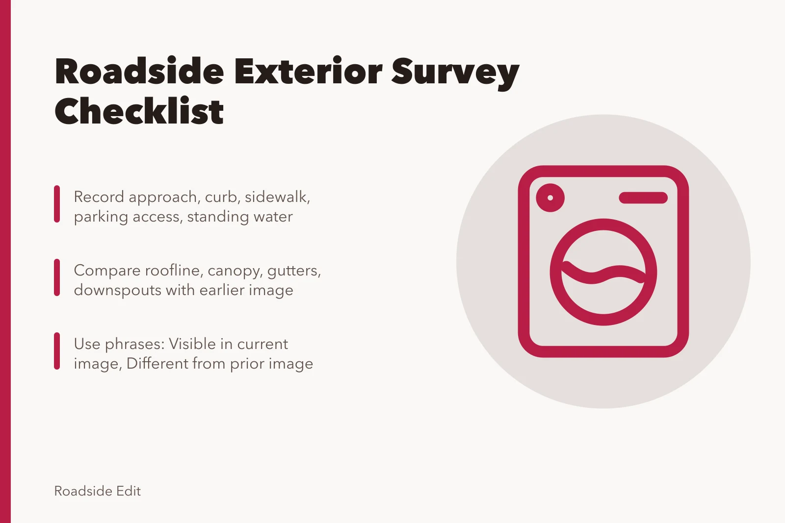 Roadside architecture maintenance checklist card with three key steps. How a roadside architecture maintenance checklist keeps exterior surveys repeatable