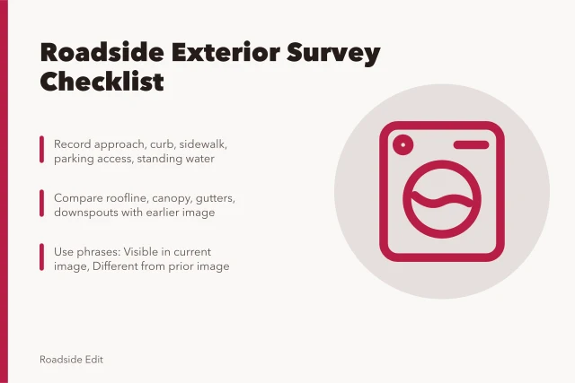 Roadside architecture maintenance checklist card with three key steps. How a roadside architecture maintenance checklist keeps exterior surveys repeatable
