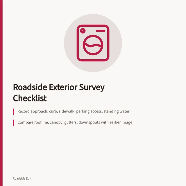 Roadside architecture maintenance checklist card with three key steps. How a roadside architecture maintenance checklist keeps exterior surveys repeatable