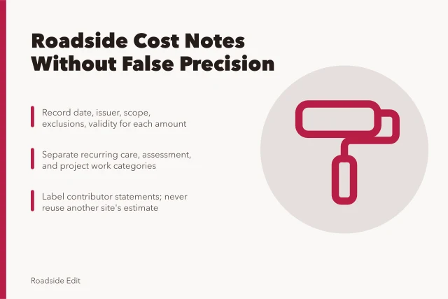 Card on writing roadside architecture maintenance cost notes without false precision. How to write roadside architecture maintenance cost notes without false precision