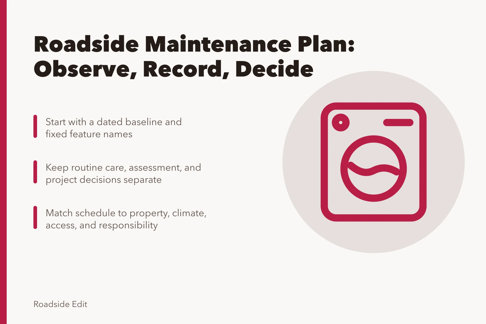 Card outlining roadside maintenance plan steps for observation and records. How a roadside architecture maintenance plan keeps observation separate from repair work